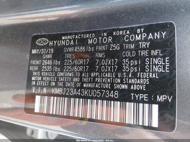 2019 Hyundai Tucson Se მანქანა იყიდება აუქციონზე, vin: KM8J23A43KU057348, აუქციონის ნომერი: 44948731