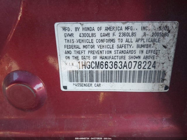 Aukcja sprzedaży 2003 Honda Accord 3.0 Lx, vin: 1HGCM66363A078224, numer aukcji: 44948734