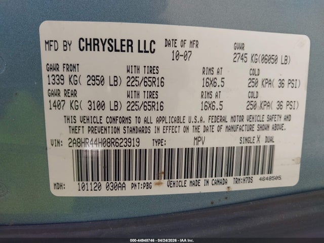 Aukcja sprzedaży 2008 Chrysler Town & Country Lx, vin: 2A8HR44H08R623919, numer aukcji: 44948746