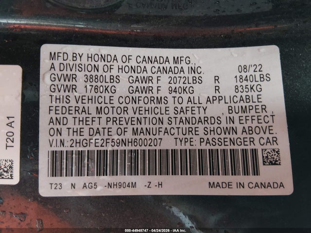 Продаж на аукціоні авто 2022 Honda Civic Sport, vin: 2HGFE2F59NH600207, номер лоту: 44948747