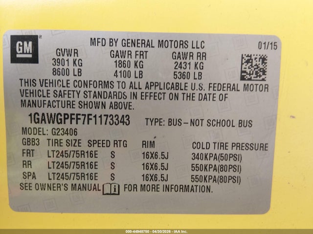 Продажа на аукционе авто 2015 Chevrolet Express 2500 Ls, vin: 1GAWGPFF7F1173343, номер лота: 44948750