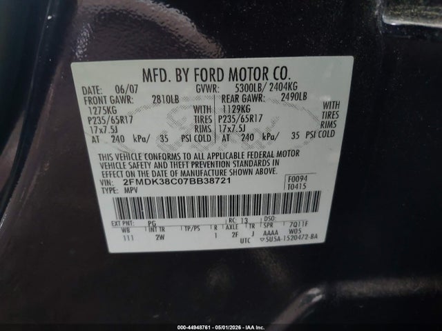 Aukcja sprzedaży 2007 Ford Edge Sel, vin: 2FMDK38C07BB38721, numer aukcji: 44948761