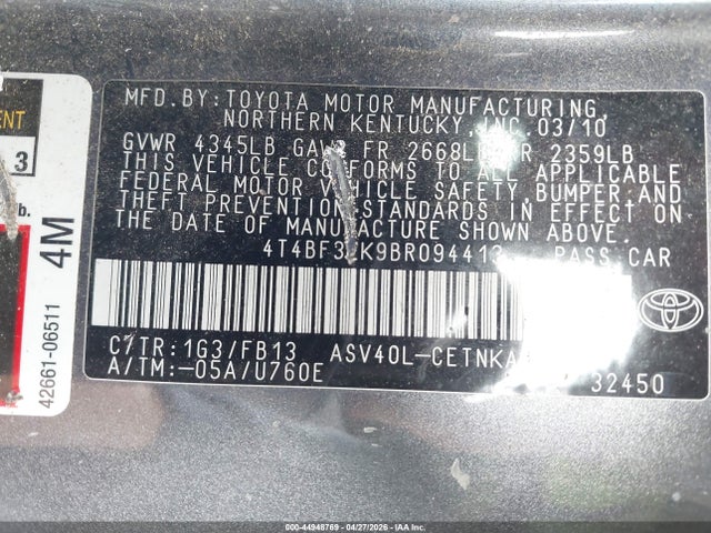 2011 Toyota Camry Le მანქანა იყიდება აუქციონზე, vin: 4T4BF3EK9BR094413, აუქციონის ნომერი: 44948769