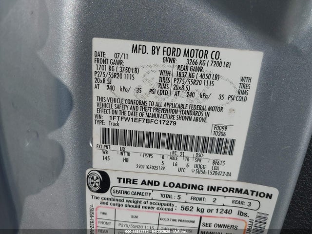 44948773 :رقم المزاد ، 1FTFW1EF7BFC17279 vin ، 2011 Ford F-150 Lariat مزاد بيع