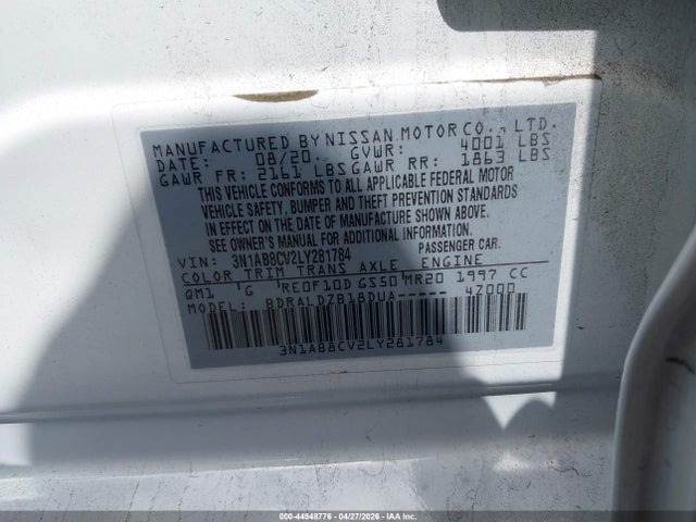 2020 Nissan Sentra Sv Xtronic Cvt მანქანა იყიდება აუქციონზე, vin: 3N1AB8CV2LY281784, აუქციონის ნომერი: 44948776