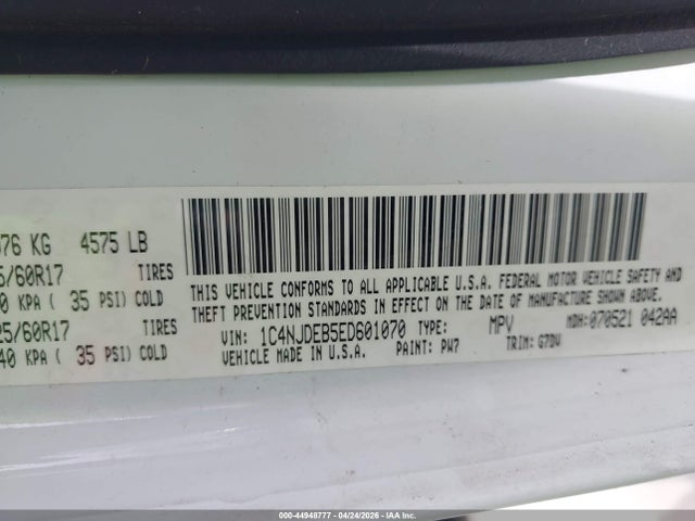 2014 Jeep Compass Latitude მანქანა იყიდება აუქციონზე, vin: 1C4NJDEB5ED601070, აუქციონის ნომერი: 44948777