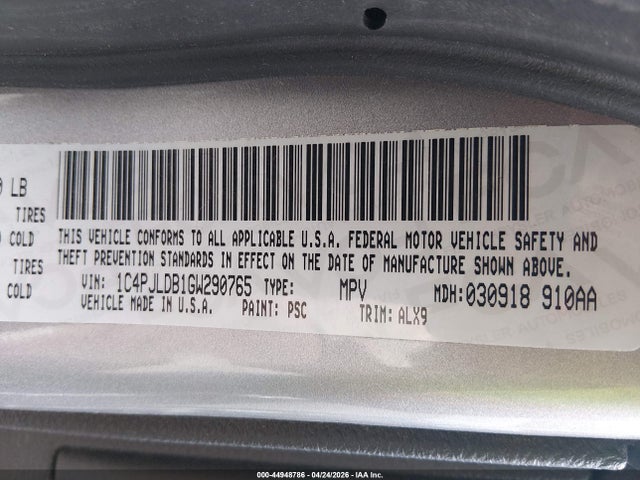 2016 Jeep Cherokee Limited მანქანა იყიდება აუქციონზე, vin: 1C4PJLDB1GW290765, აუქციონის ნომერი: 44948786