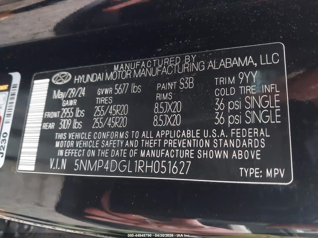 Продажа на аукционе авто 2024 Hyundai Santa Fe Limited, vin: 5NMP4DGL1RH051627, номер лота: 44948790