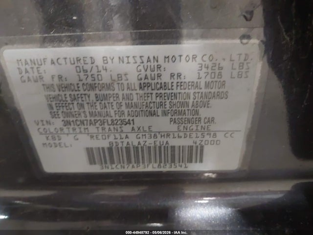 Продаж на аукціоні авто 2015 Nissan Versa 1.6 S+, vin: 3N1CN7AP3FL823541, номер лоту: 44948792