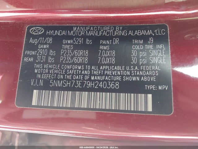 44948800 :رقم المزاد ، 5NMSH73E79H240368 vin ، 2009 Hyundai Santa Fe Se مزاد بيع