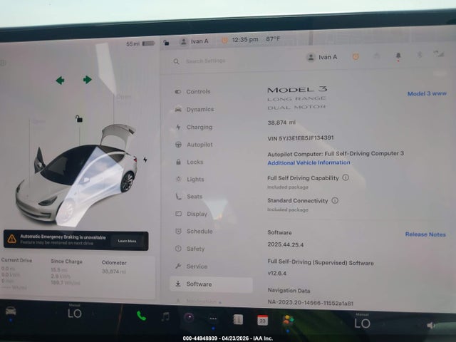 44948809 :رقم المزاد ، 5YJ3E1EB5JF134391 vin ، 2018 Tesla Model 3 Long Range/performance مزاد بيع