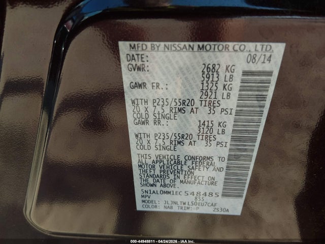 Aukcja sprzedaży 2014 Infiniti Qx60, vin: 5N1AL0MM1EC548485, numer aukcji: 44948811