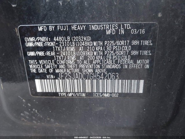 44948837 :رقم المزاد ، JF2SJADC7GH542063 vin ، 2016 Subaru Forester 2.5i Premium مزاد بيع