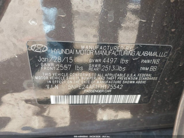 5NPE24AF1FH175542 Hyundai SONATA SE
