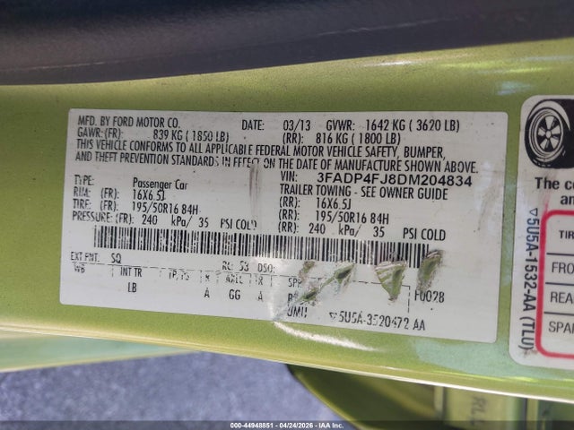 Продаж на аукціоні авто 2013 Ford Fiesta Titanium, vin: 3FADP4FJ8DM204834, номер лоту: 44948851