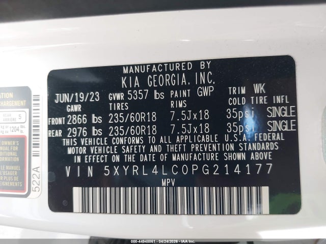 Aukcja sprzedaży 2023 Kia Sorento S, vin: 5XYRL4LC0PG214177, numer aukcji: 44948861