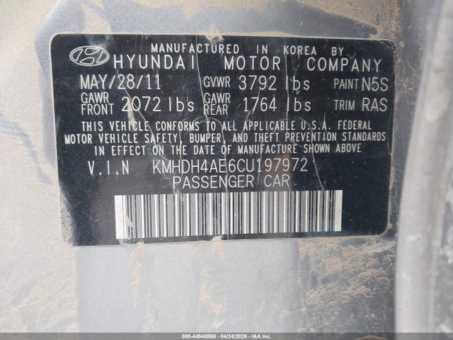 44948869 :رقم المزاد ، KMHDH4AE6CU197972 vin ، 2012 Hyundai Elantra Gls (ulsan Plant) مزاد بيع