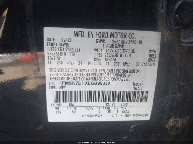 Aukcja sprzedaży 2020 Ford Explorer Xlt, vin: 1FMSK7DHXLGB90330, numer aukcji: 44948882