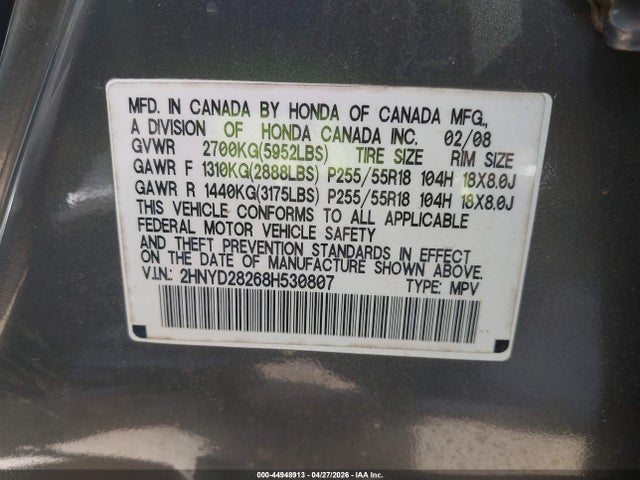 Aukcja sprzedaży 2008 Acura Mdx, vin: 2HNYD28268H530807, numer aukcji: 44948913
