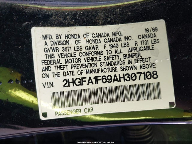 Aukcja sprzedaży 2010 Honda Civic Lx-s, vin: 2HGFA1F69AH307108, numer aukcji: 44948914