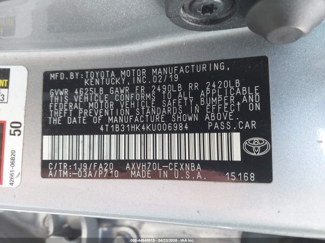 4T1B31HK4KU006984 Toyota Camry Hybrid Le