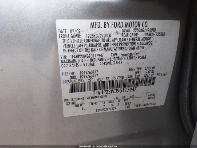 Aukcja sprzedaży 2009 Ford Taurus Se, vin: 1FAHP23W39G117947, numer aukcji: 44948916