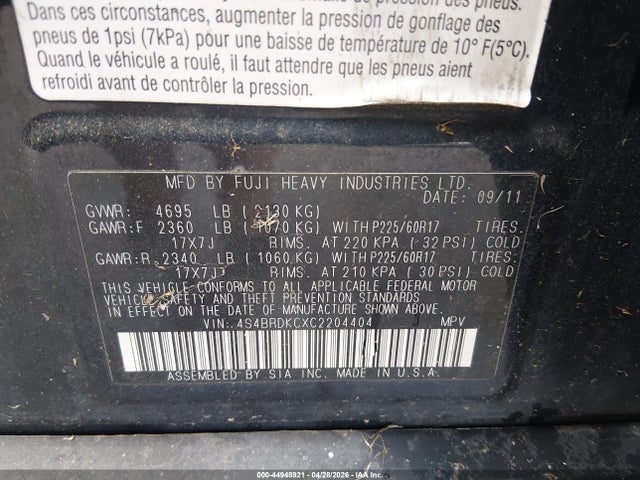Продаж на аукціоні авто 2012 Subaru Outback 3.6r Limited, vin: 4S4BRDKCXC2204404, номер лоту: 44948921