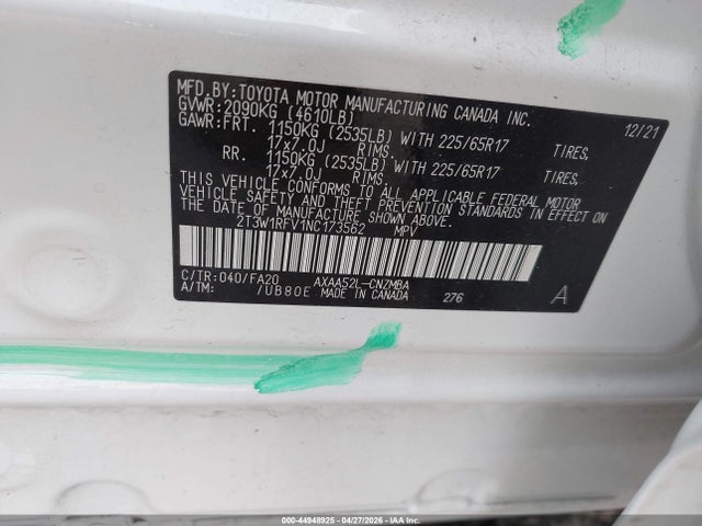 44948925 :رقم المزاد ، 2T3W1RFV1NC173562 vin ، 2022 Toyota Rav4 Xle مزاد بيع