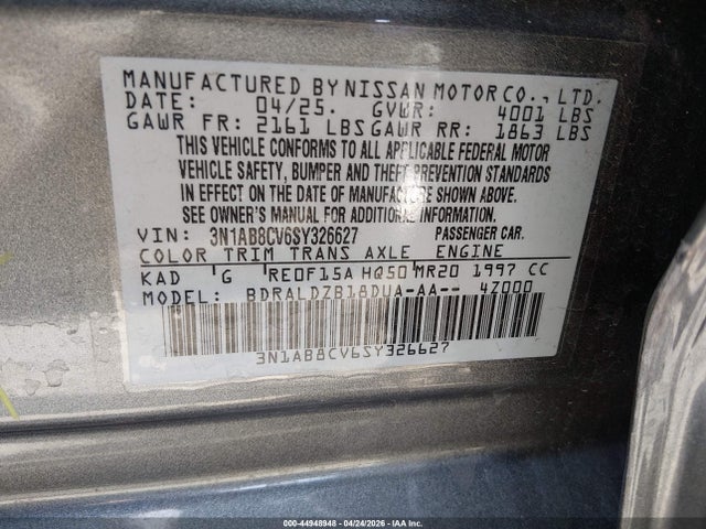 3N1AB8CV6SY326627 Nissan SENTRA SV