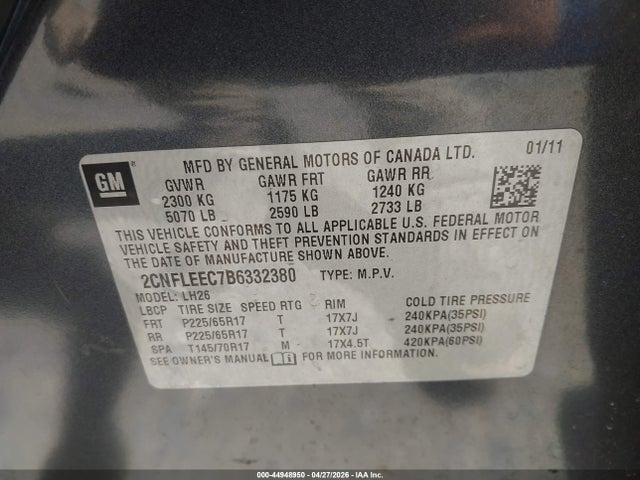 44948950 :رقم المزاد ، 2CNFLEEC7B6332380 vin ، 2011 Chevrolet Equinox 1lt مزاد بيع