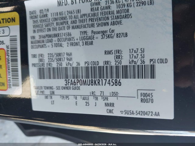 Ford Fusion Hybrid Sel 2019 3FA6P0MU8KR174586 Image 9
