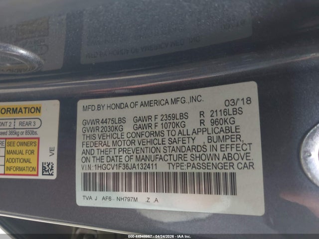 44948957 :رقم المزاد ، 1HGCV1F36JA132411 vin ، 2018 Honda Accord Sport مزاد بيع