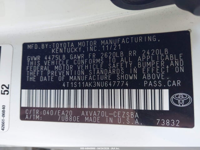 Продаж на аукціоні авто 2022 Toyota Camry Se, vin: 4T1S11AK3NU647774, номер лоту: 44948968