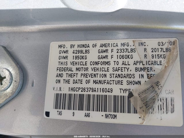 Aukcja sprzedaży 2009 Honda Accord 2.4 Lx, vin: 1HGCP26379A116049, numer aukcji: 44948979