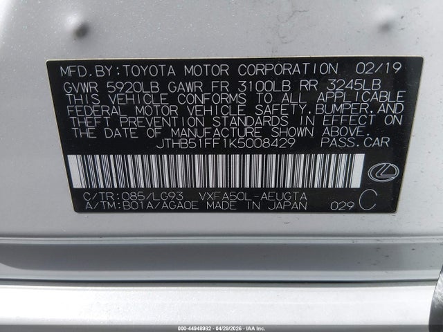 Aukcja sprzedaży 2019 Lexus Ls 500, vin: JTHB51FF1K5008429, numer aukcji: 44948982