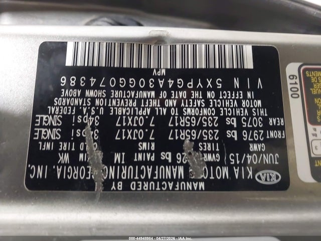 Aukcja sprzedaży 2016 Kia Sorento 2.4l L, vin: 5XYPG4A30GG074386, numer aukcji: 44948984