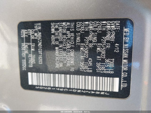 Aukcja sprzedaży 2012 Infiniti Qx56, vin: JN8AZ2ND1C9716203, numer aukcji: 44948996