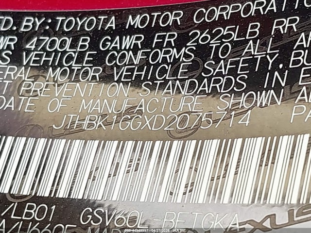 44948997 :رقم المزاد ، JTHBK1GGXD2075714 vin ، 2013 Lexus Es 350 مزاد بيع