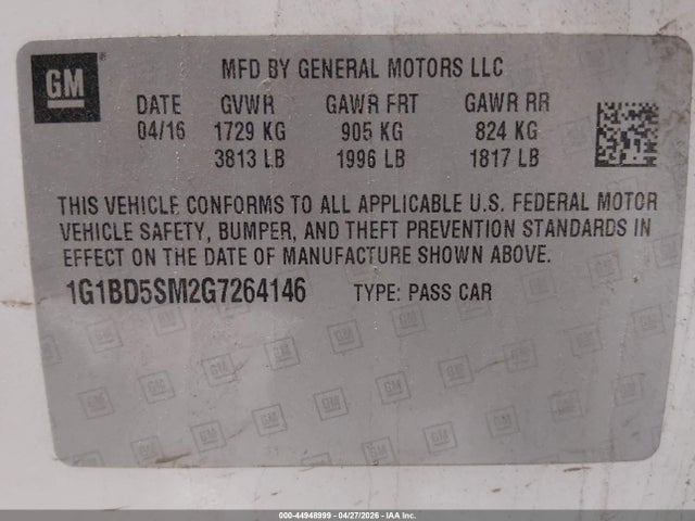 1G1BD5SM2G7264146 Chevrolet Cruze Lt Manual
