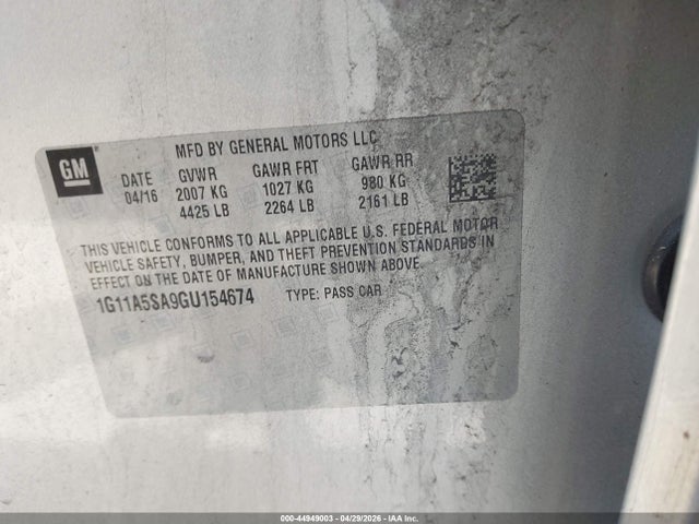 Aukcja sprzedaży 2016 Chevrolet Malibu Limited 1fl, vin: 1G11A5SA9GU154674, numer aukcji: 44949003