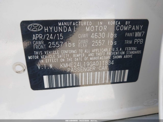 Продажа на аукционе авто 2016 Hyundai Sonata Hybrid Se, vin: KMHE24L19GA011834, номер лота: 44949006