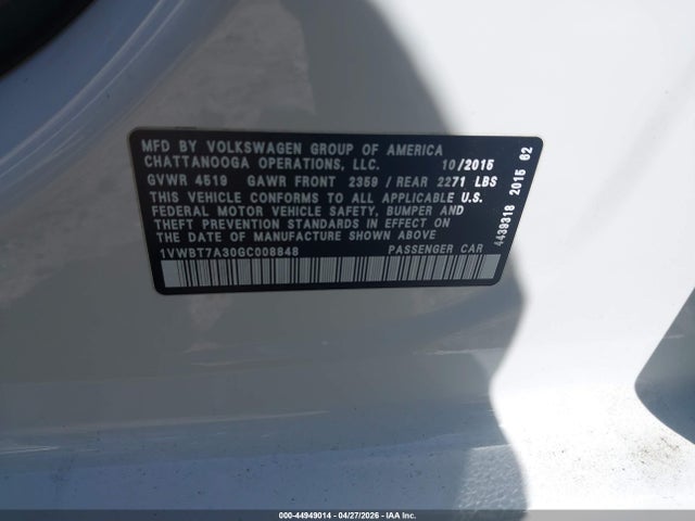 Aukcja sprzedaży 2016 Volkswagen Passat 1.8t Se, vin: 1VWBT7A30GC008848, numer aukcji: 44949014