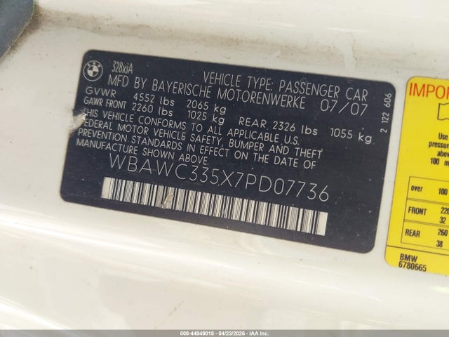 Продаж на аукціоні авто 2007 Bmw 328xi, vin: WBAWC335X7PD07736, номер лоту: 44949018