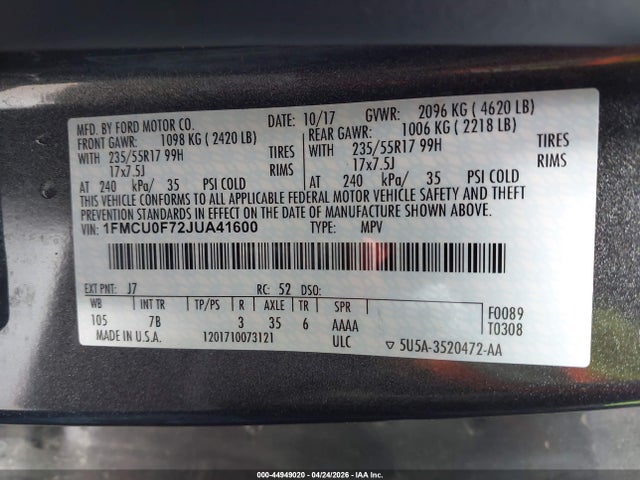 Aukcja sprzedaży 2018 Ford Escape S, vin: 1FMCU0F72JUA41600, numer aukcji: 44949020