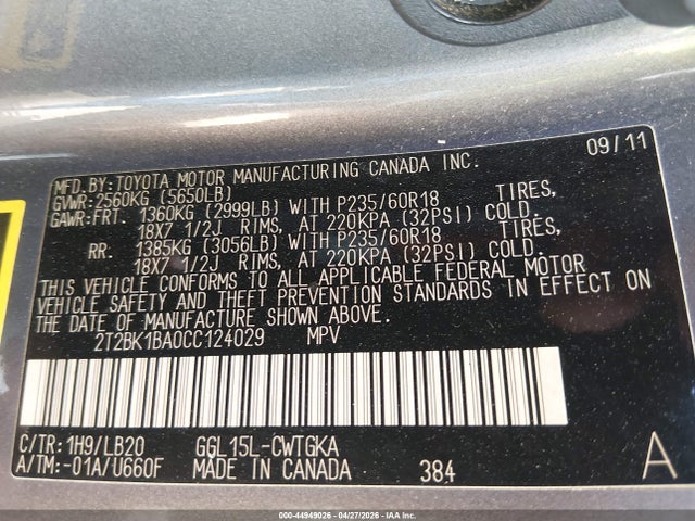 44949026 :رقم المزاد ، 2T2BK1BA0CC124029 vin ، 2012 Lexus Rx 350 مزاد بيع
