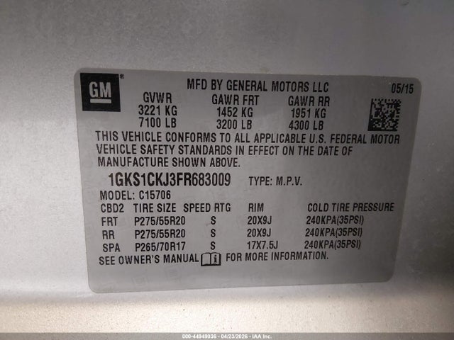 Продажа на аукционе авто 2015 Gmc Yukon Denali, vin: 1GKS1CKJ3FR683009, номер лота: 44949036