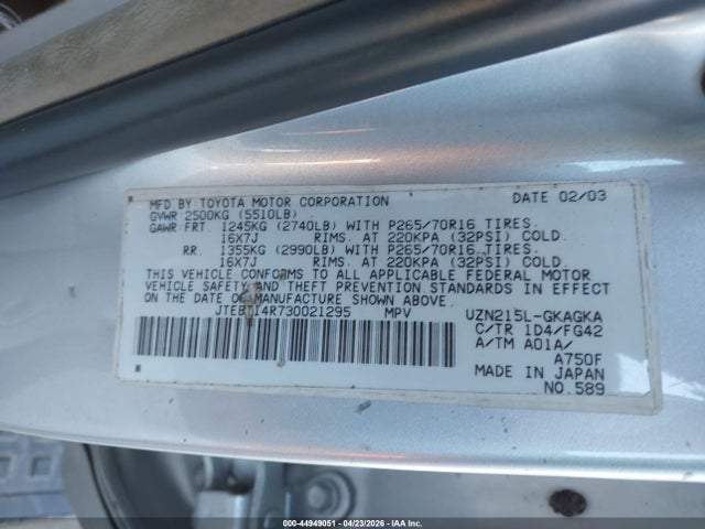 44949051 :رقم المزاد ، JTEBT14R730021295 vin ، 2003 Toyota 4runner Sr5 V8 مزاد بيع
