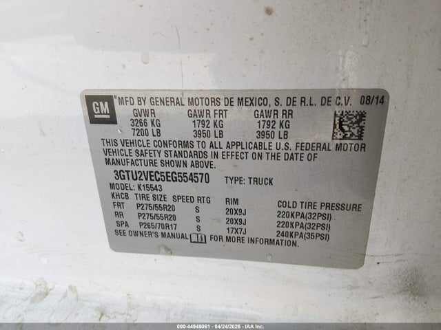 Aukcja sprzedaży 2014 Gmc Sierra 1500 Slt, vin: 3GTU2VEC5EG554570, numer aukcji: 44949061