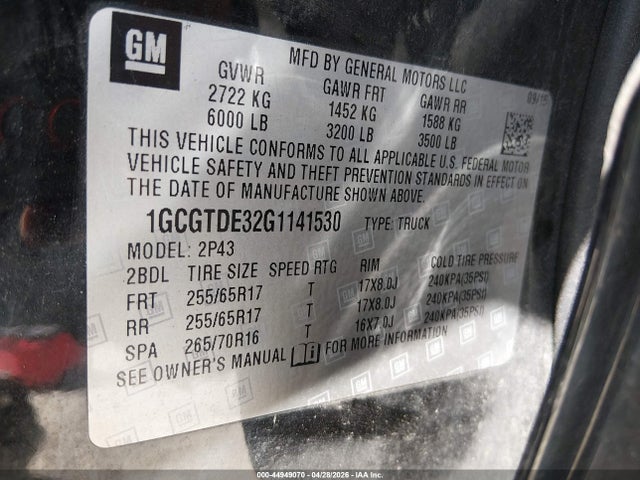 44949070 :رقم المزاد ، 1GCGTDE32G1141530 vin ، 2016 Chevrolet Colorado Z71 مزاد بيع