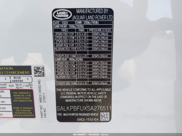 2025 Land Rover Range Rover P400 Se 7 Seat მანქანა იყიდება აუქციონზე, vin: SALKPBFUXSA276511, აუქციონის ნომერი: 44949071